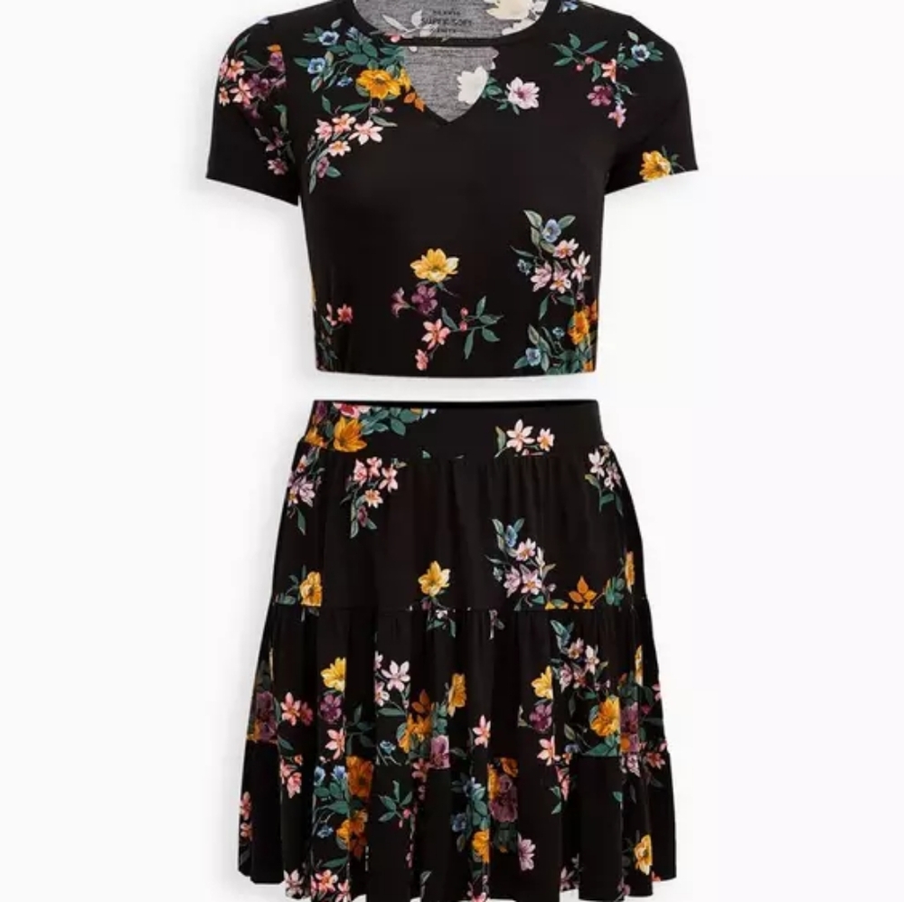 Torrid Pink and Blue Tiered Midi Skirt and Shirt Set Casual Resort Wear